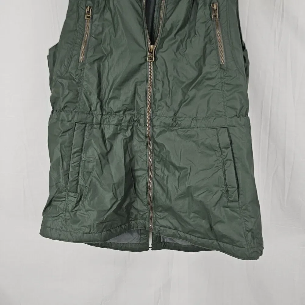 Athleta Green Alpine Air Vest Faux Fur Removable Hood Zip Pockets Size Large - Picture 3 of 9